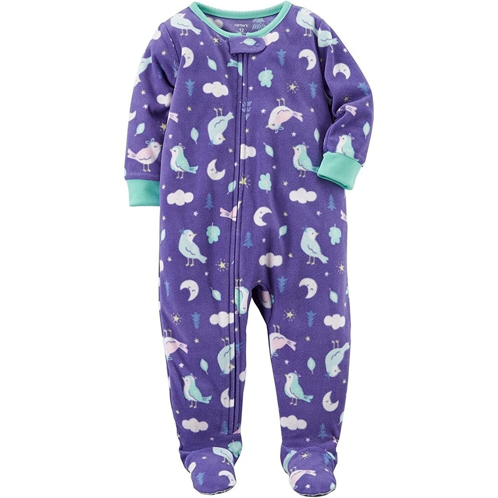 NEW Carter's Girls Birds and Moons Plush Fleece Purple Pajama Sleeper - Picture 2 of 2